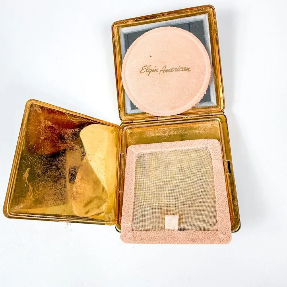 Elgin American Gold Tone Square Powder Compact Case Black Seed Beaded